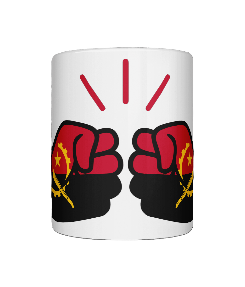 Glossy white ceramic mug featuring a patriotic We Run Tings logo with two fists displaying the flag of Angola. Front view.