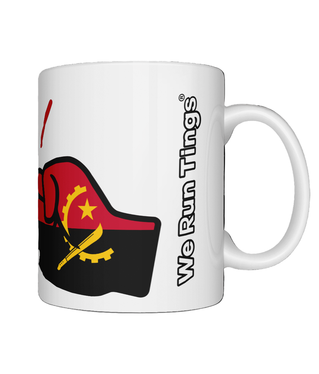 Glossy white ceramic mug featuring a patriotic We Run Tings logo with two fists displaying the flag of Angola. Right view
