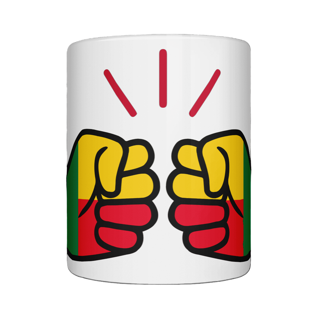 Glossy white ceramic mug featuring a patriotic We Run Tings logo with two fists displaying the flag of Benin. Front view