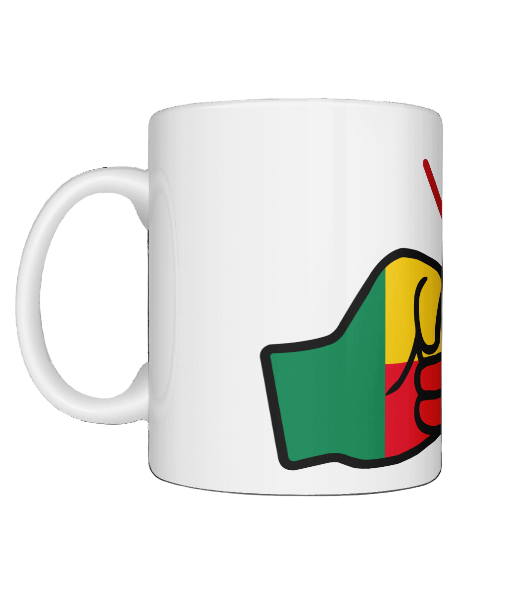 Glossy white ceramic mug featuring a patriotic We Run Tings logo with two fists displaying the flag of Benin. Left view