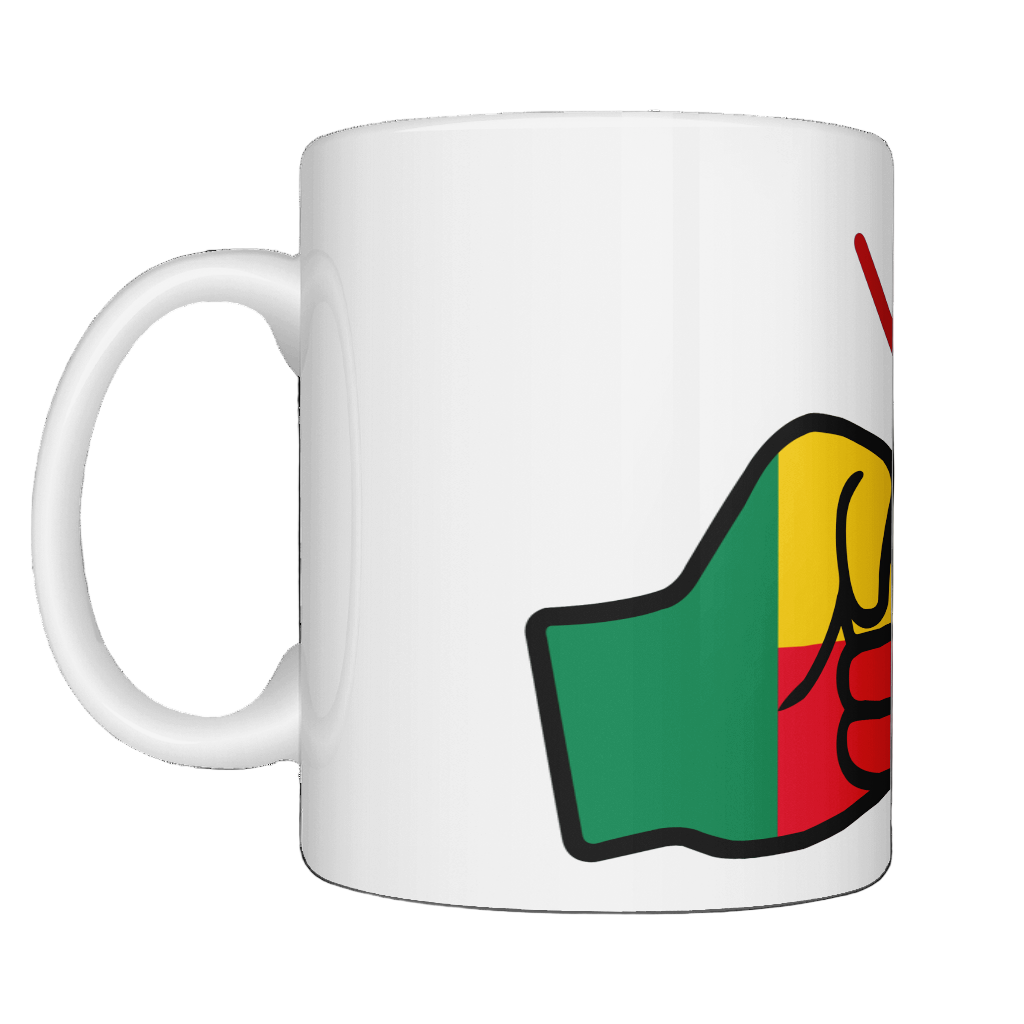 Glossy white ceramic mug featuring a patriotic We Run Tings logo with two fists displaying the flag of Benin. Left view