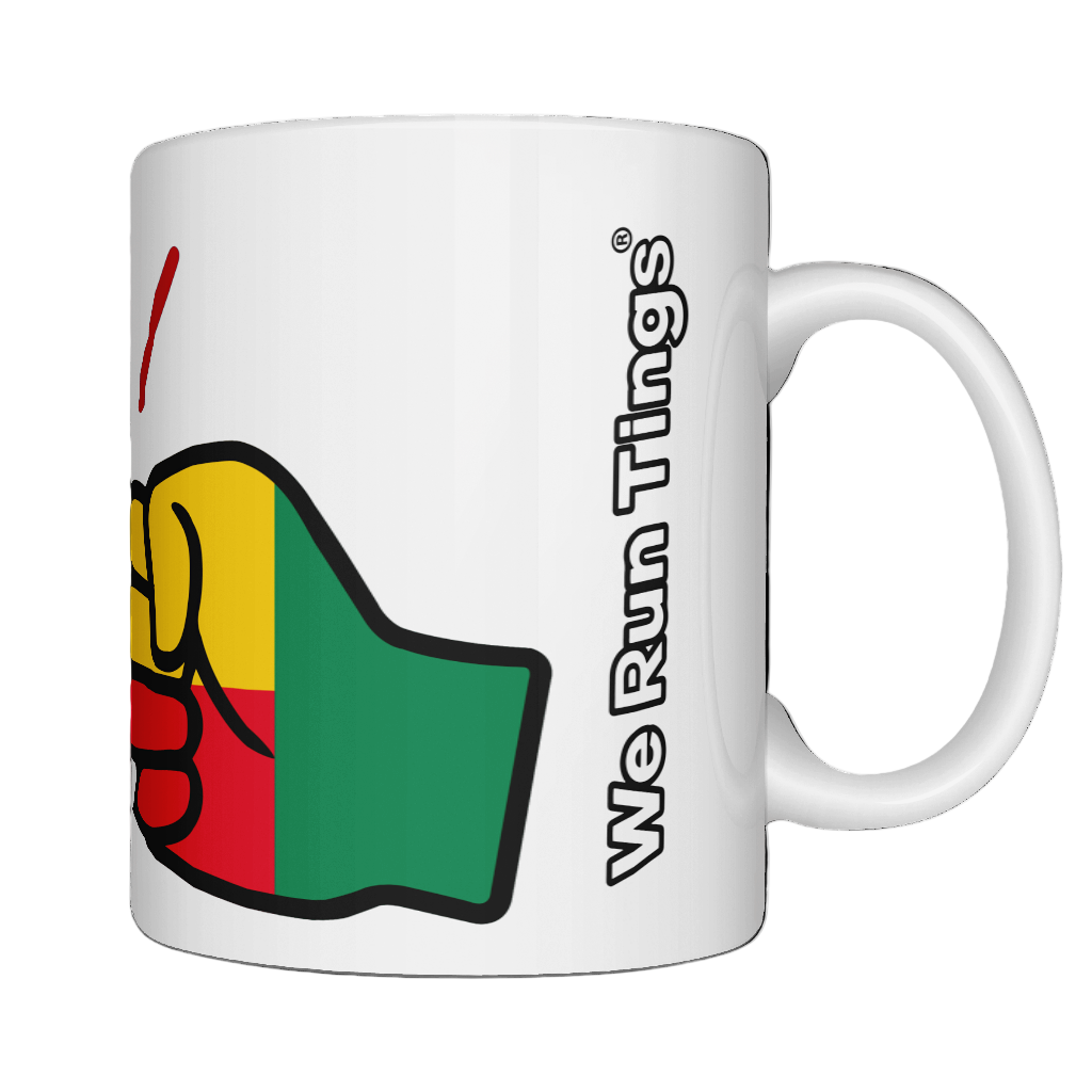 Glossy white ceramic mug featuring a patriotic We Run Tings logo with two fists displaying the flag of Benin. Right view