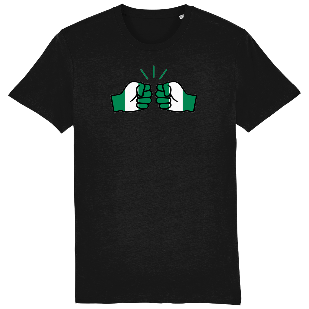 A black, short-sleeved men's t-shirt with a green and white fist logo on the front, representing Nigeria's national colors on a white background