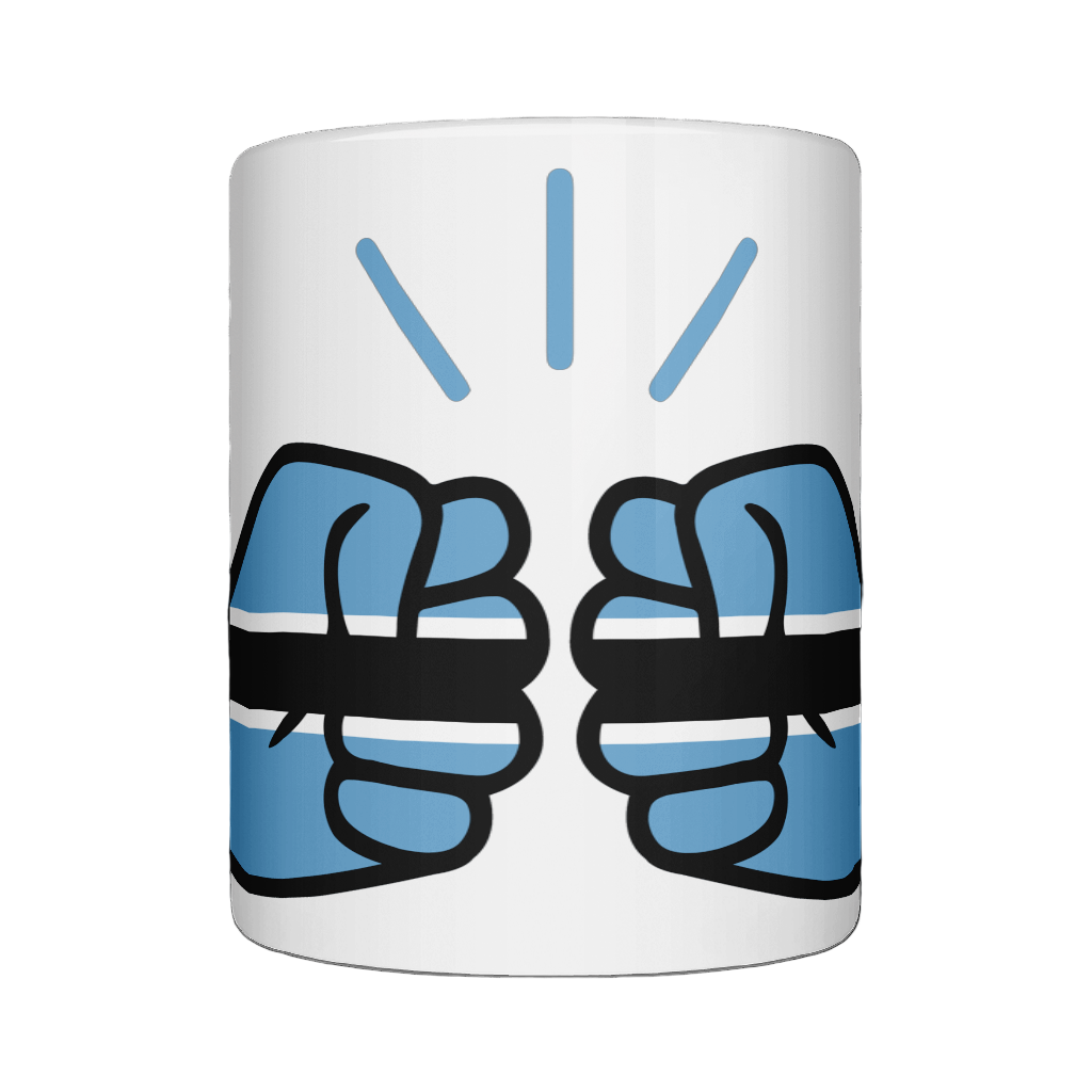 Glossy white ceramic mug featuring a patriotic We Run Tings logo with two fists displaying the flag of Botswana