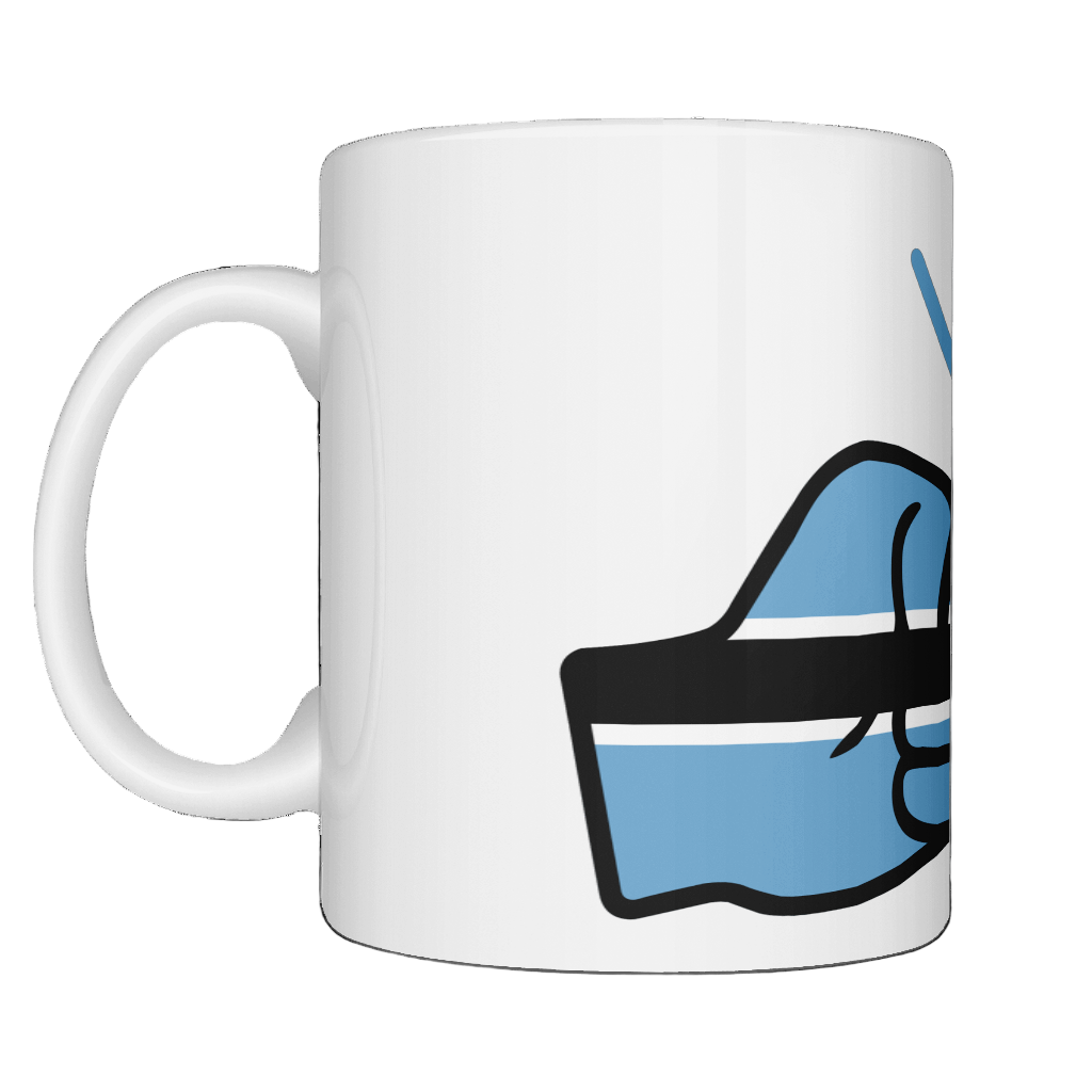 Glossy white ceramic mug featuring a patriotic We Run Tings logo with two fists displaying the flag of Botswana.Side view