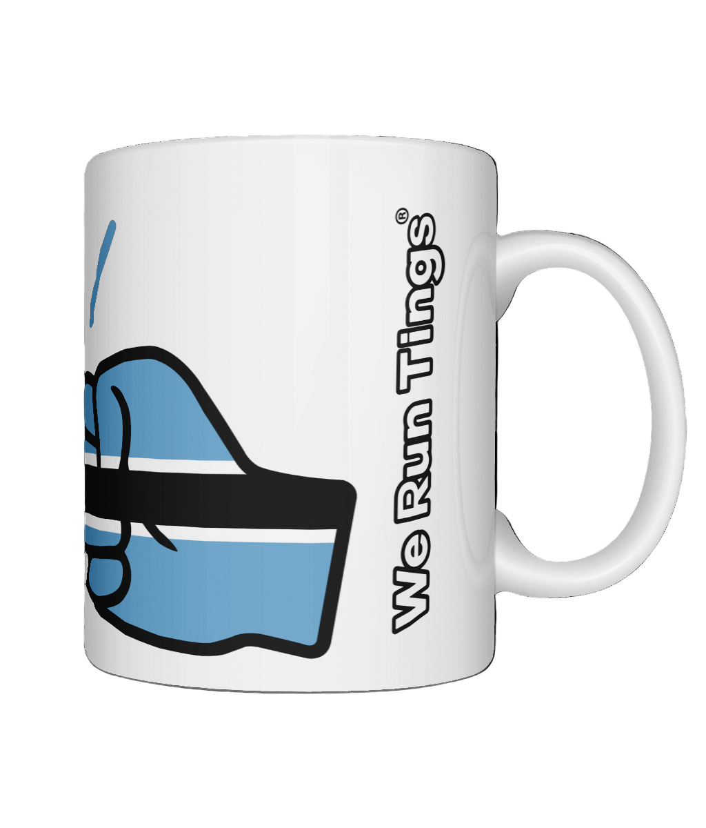 Glossy white ceramic mug featuring a patriotic We Run Tings logo with two fists displaying the flag of Botswana. Right view
