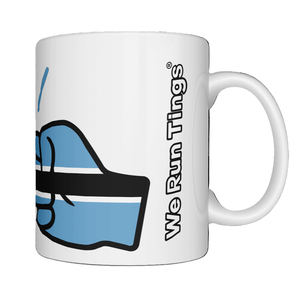Glossy white ceramic mug featuring a patriotic We Run Tings logo with two fists displaying the flag of Botswana. Right view
