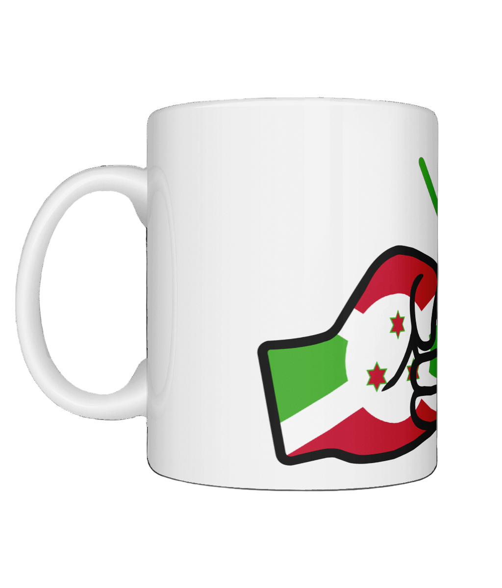 Glossy white ceramic mug featuring a patriotic We Run Tings logo with two fists displaying the flag of Burundi. Left view