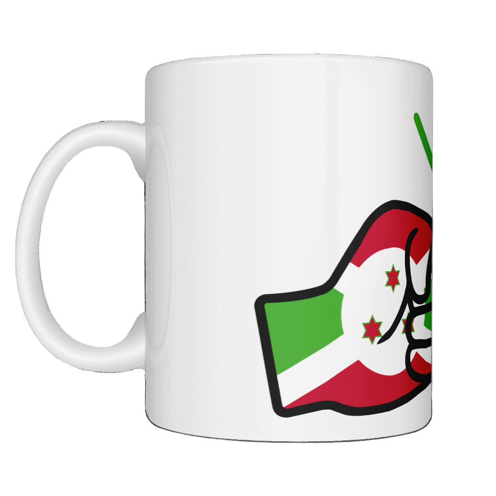 Glossy white ceramic mug featuring a patriotic We Run Tings logo with two fists displaying the flag of Burundi. Left view