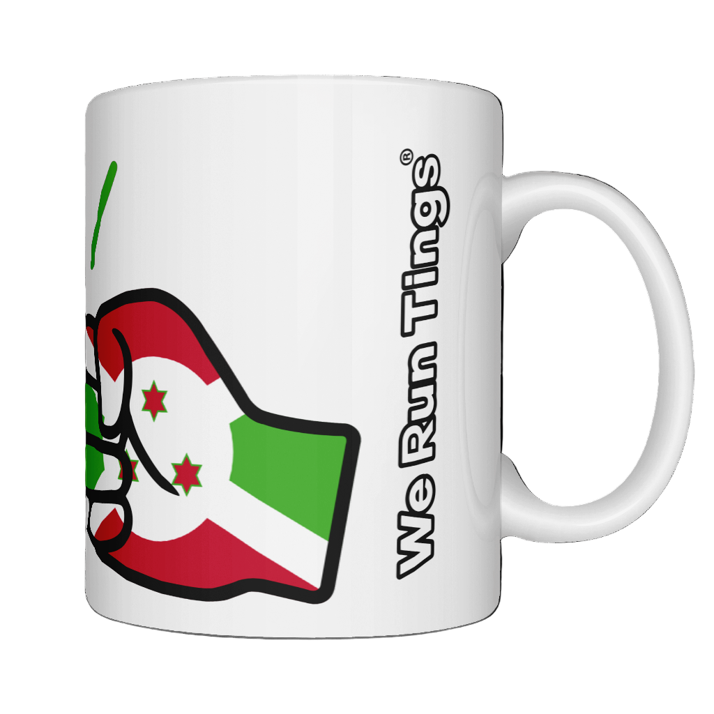 Glossy white ceramic mug featuring a patriotic We Run Tings logo with two fists displaying the flag of Burundi. Right view