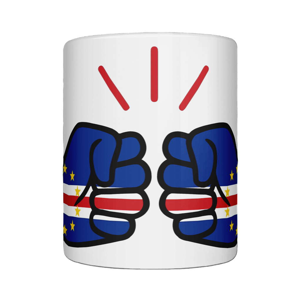 Glossy white ceramic mug featuring a patriotic We Run Tings logo with two fists displaying the flag of Cabo Verde/Cape Verde. Front view.