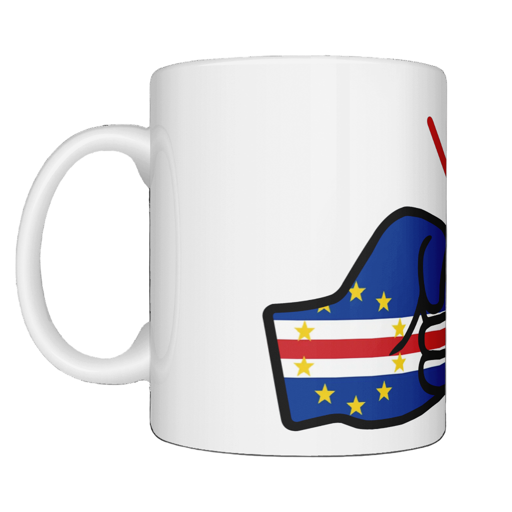 Glossy white ceramic mug featuring a patriotic We Run Tings logo with two fists displaying the flag of Cabo Verde/Cape Verde. Left view.