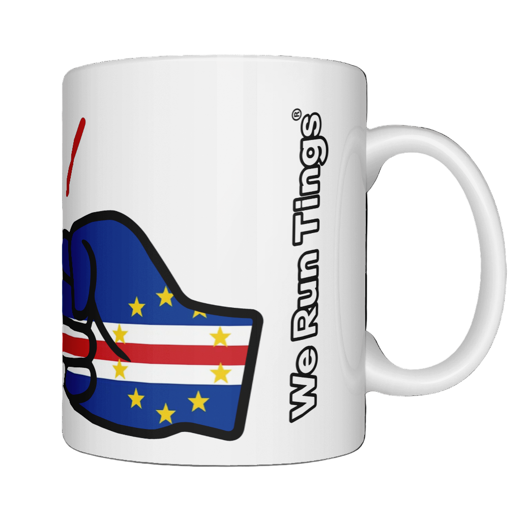 Glossy white ceramic mug featuring a patriotic We Run Tings logo with two fists displaying the flag of Cabo Verde/Cape Verde. Right view.