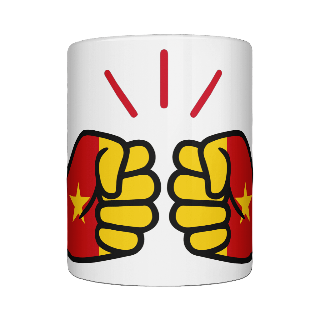 Glossy white ceramic mug featuring a patriotic We Run Tings logo with two fists displaying the flag of Cameroon. Front view