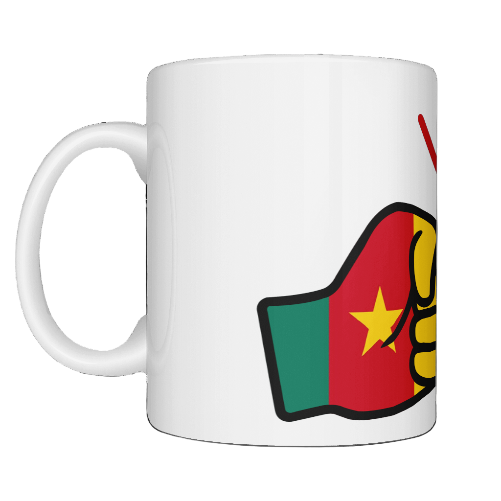 Glossy white ceramic mug featuring a patriotic We Run Tings logo with two fists displaying the flag of Cameroon. Left view