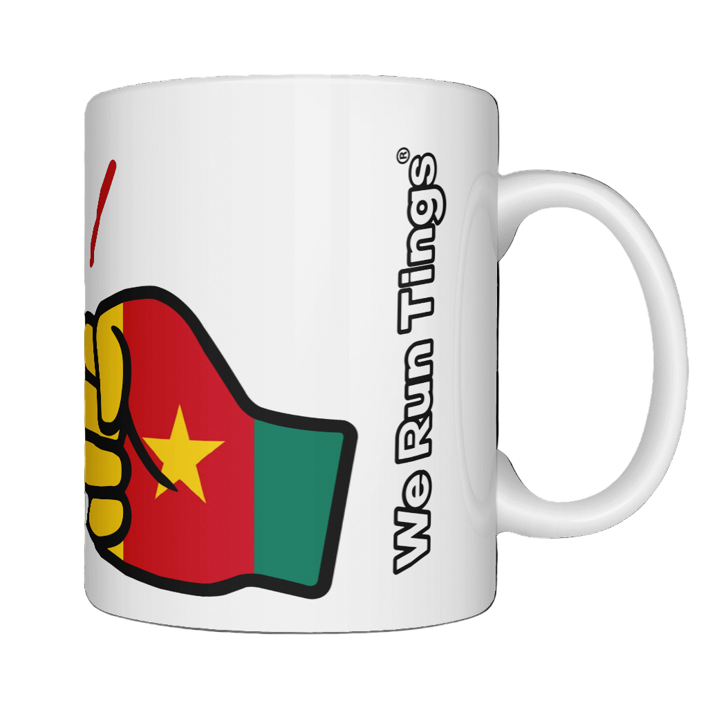 Glossy white ceramic mug featuring a patriotic We Run Tings logo with two fists displaying the flag of Cameroon. Right view