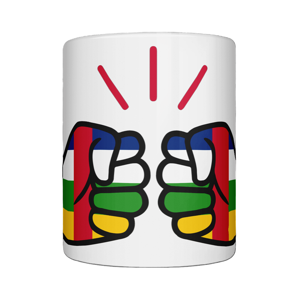 A glossy white ceramic mug with a graphic design of Central African Republic flag and the brand 'We Run Tings'.