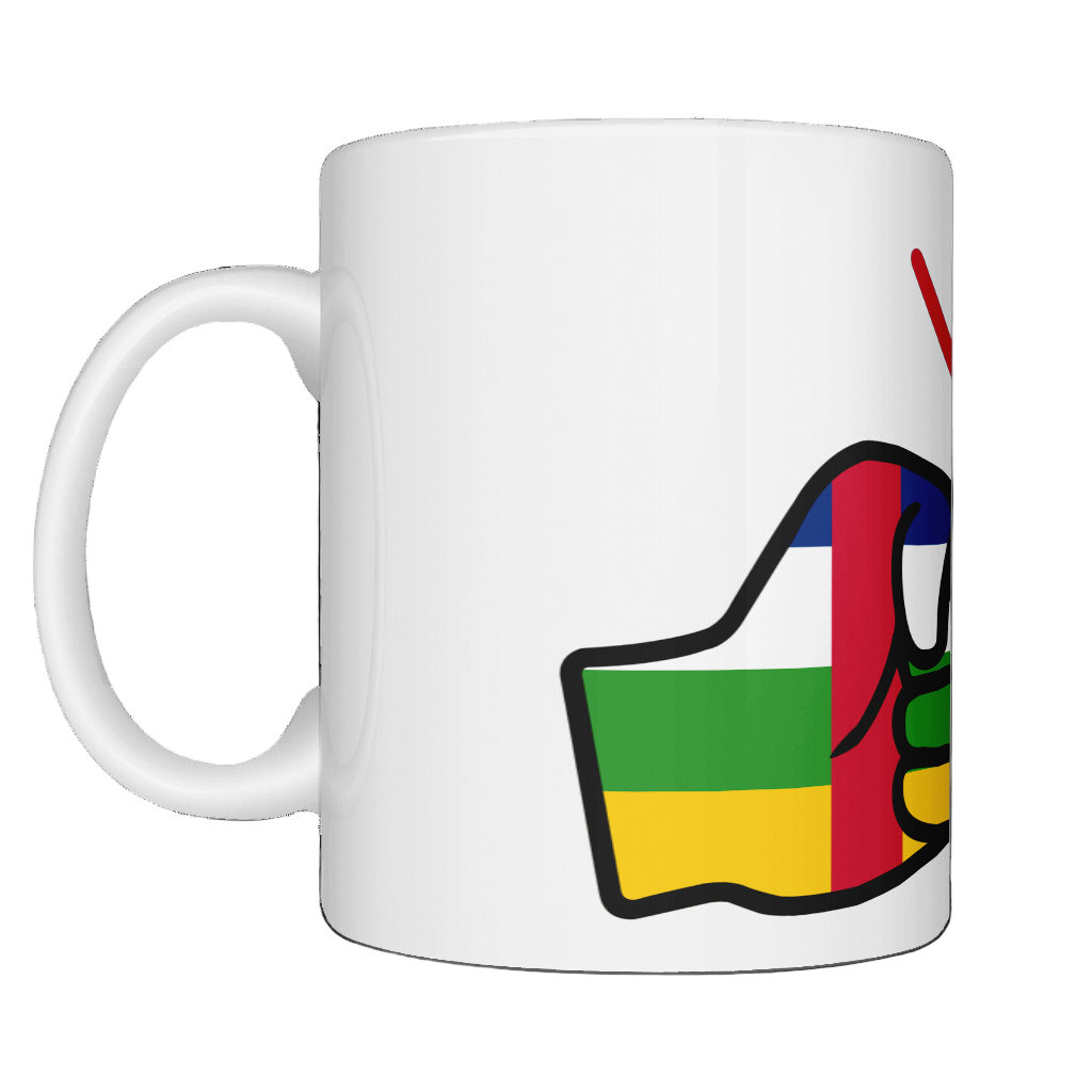 A glossy white ceramic mug with a graphic design of Central African Republic flag and the brand 'We Run Tings'. Side view