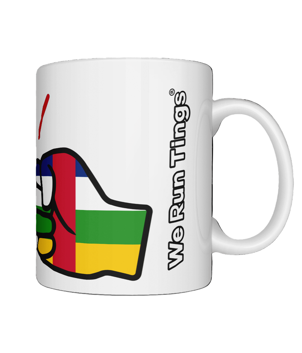 Glossy white ceramic mug featuring a patriotic We Run Tings logo with two fists displaying the flag of Central African Republic (CAR). Right side