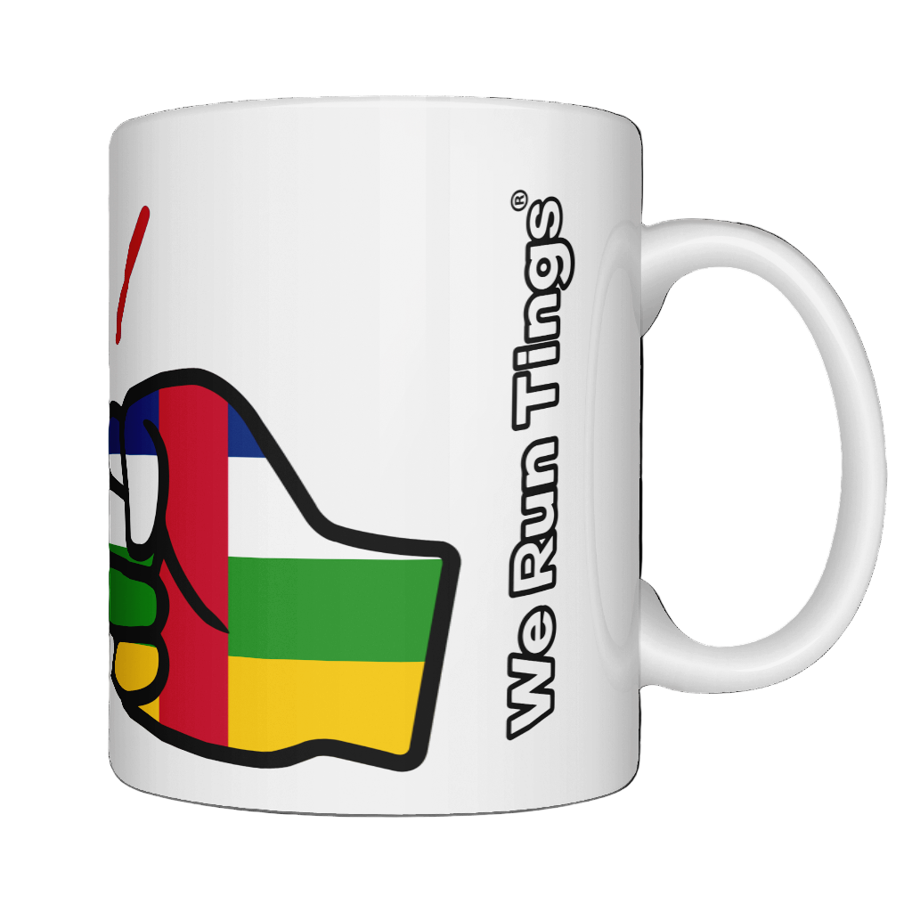 Glossy white ceramic mug featuring a patriotic We Run Tings logo with two fists displaying the flag of Central African Republic (CAR). Right side