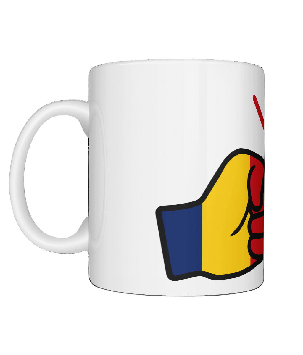 A glossy white ceramic mug with a graphic design of the flag of Chad and the brand 'We Run Tings'. Side view
