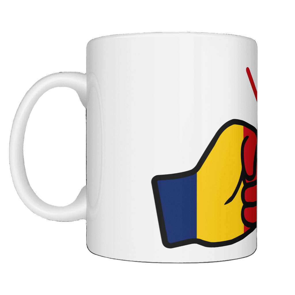 A glossy white ceramic mug with a graphic design of the flag of Chad and the brand 'We Run Tings'. Side view