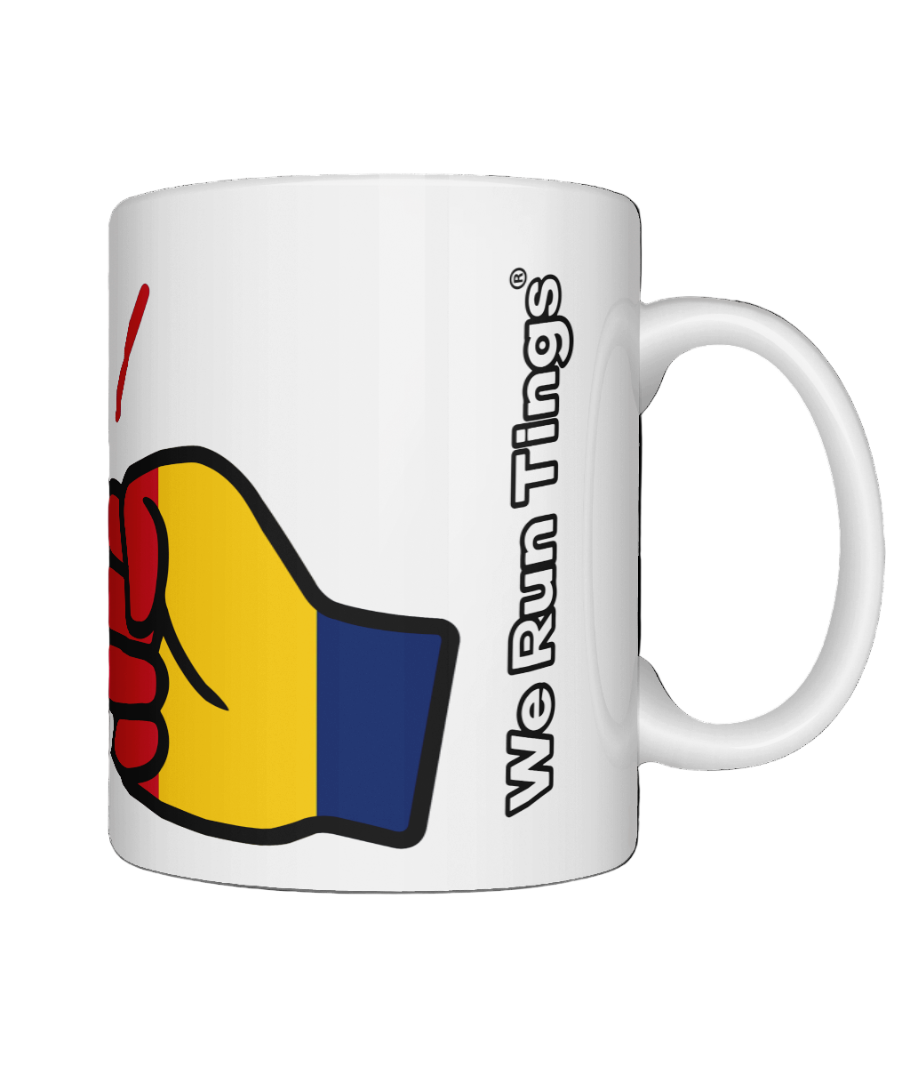 Glossy white ceramic mug featuring a patriotic We Run Tings logo with two fists displaying the flag of Chad
