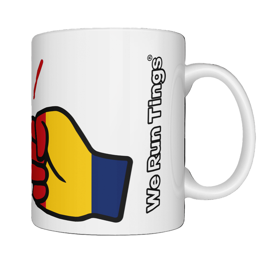 Glossy white ceramic mug featuring a patriotic We Run Tings logo with two fists displaying the flag of Chad