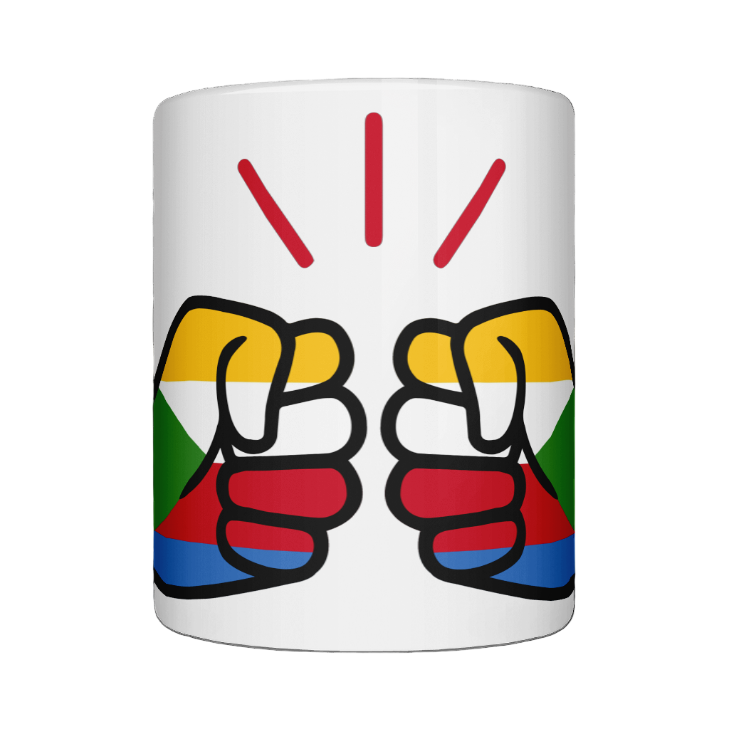 A glossy white ceramic We Run Tings Comoros Mug with a graphic design of a fist and the colors of the Comoros flag. Front view