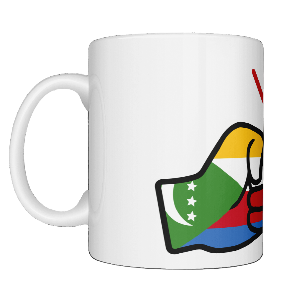 A glossy white ceramic We Run Tings Comoros Mug with a graphic design of a fist and the colors of the Comoros flag. Side view