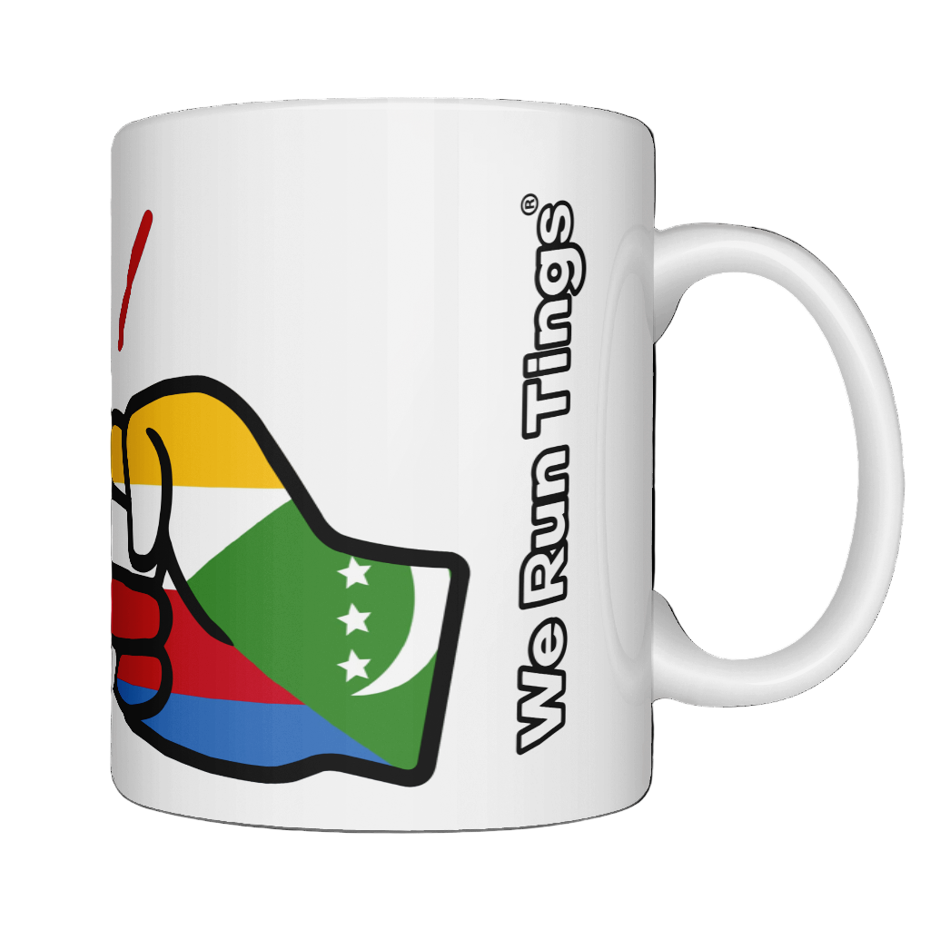 A glossy white ceramic We Run Tings Comoros Mug with a graphic design of a fist and the colors of the Comoros flag and wording on the edge. Side view