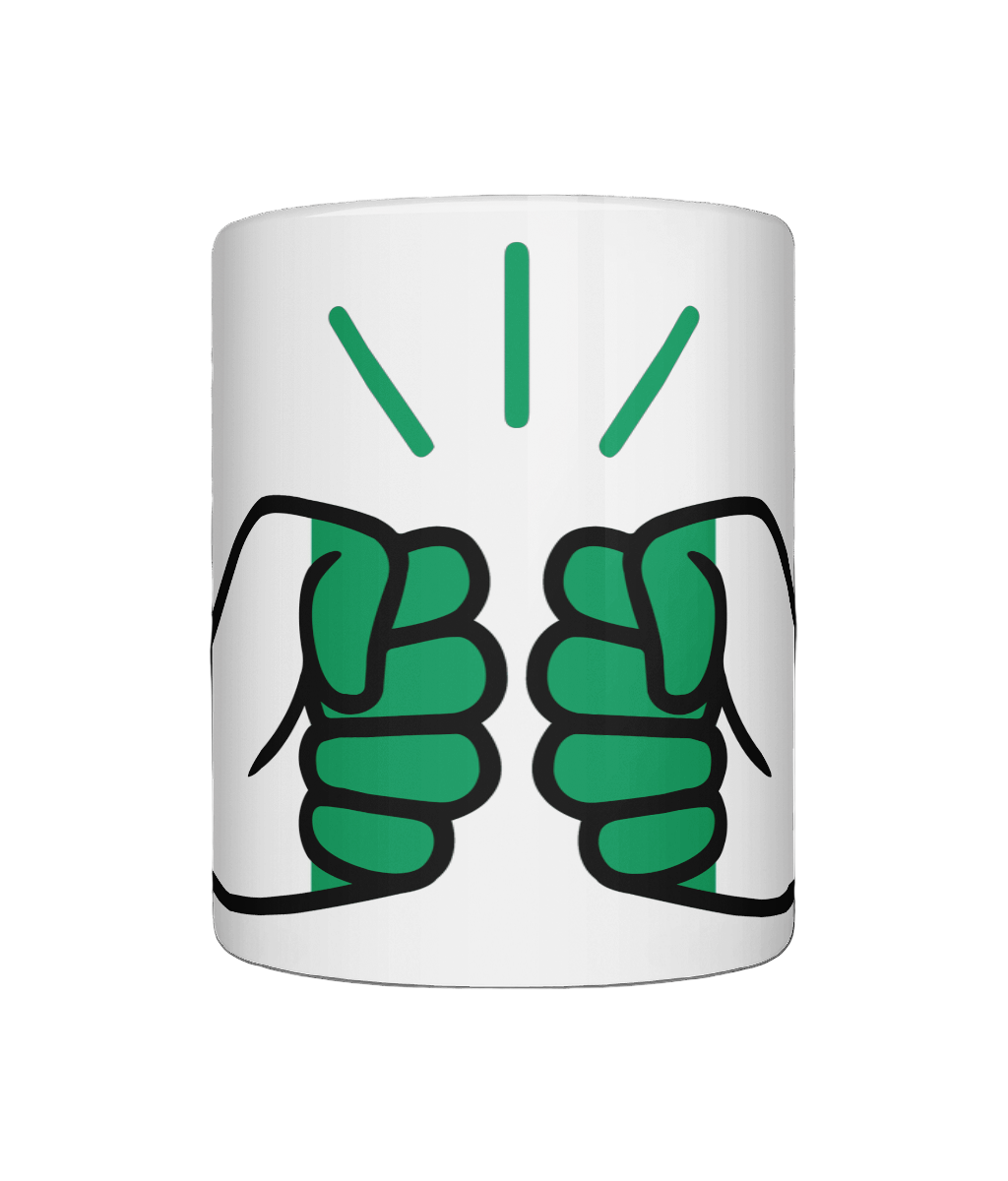 A glossy white ceramic mug with a graphic design of Cote d’Ivoire/Ivory Coast flag and the brand 'We Run Tings'. Front view.