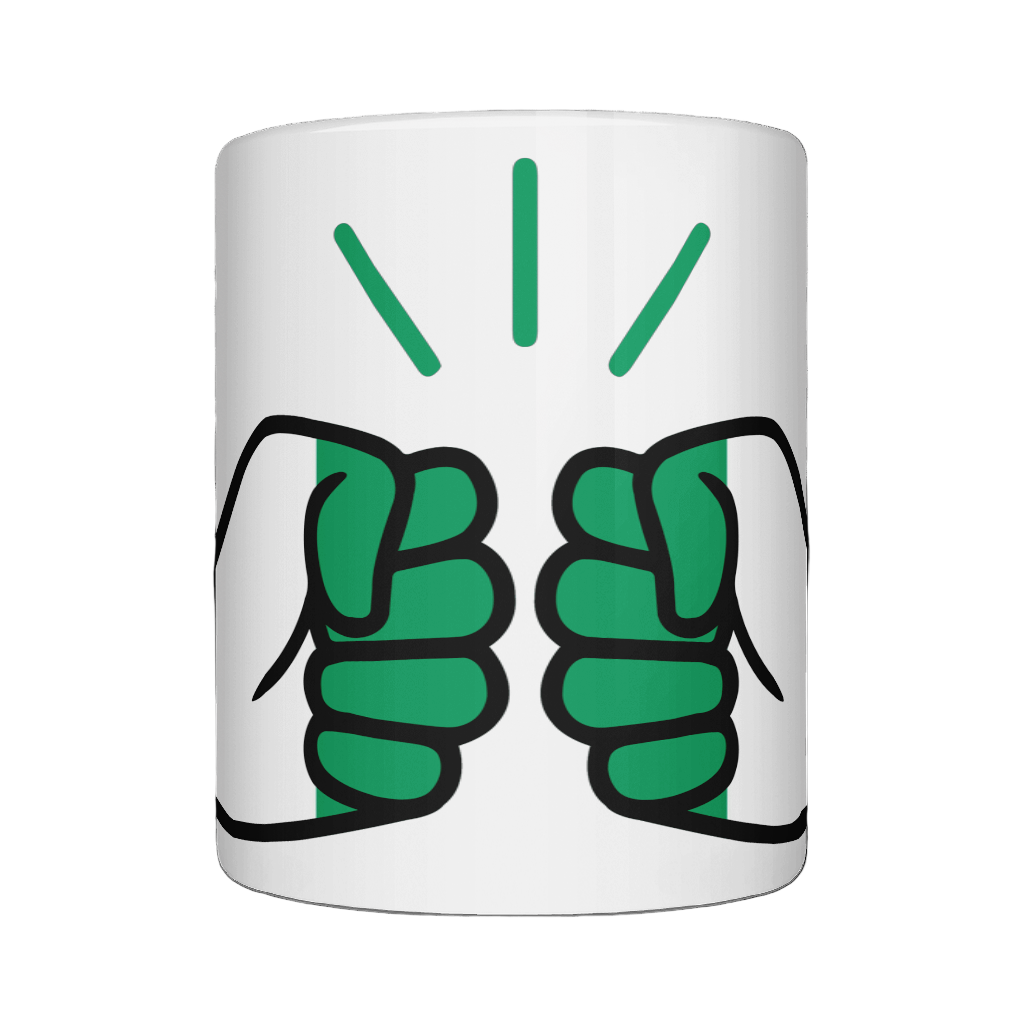 A glossy white ceramic mug with a graphic design of Cote d’Ivoire/Ivory Coast flag and the brand 'We Run Tings'. Front view.