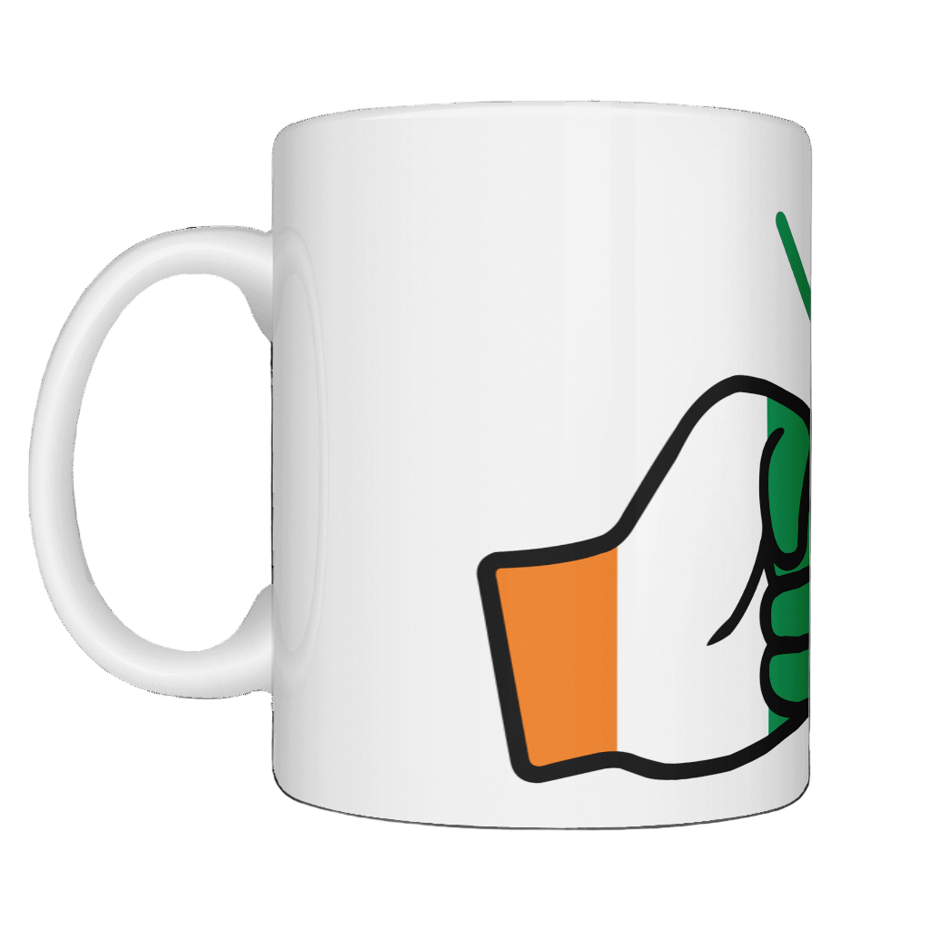 A glossy white ceramic mug with a graphic design of Cote d’Ivoire/Ivory Coast flag and the brand 'We Run Tings'. Side view.