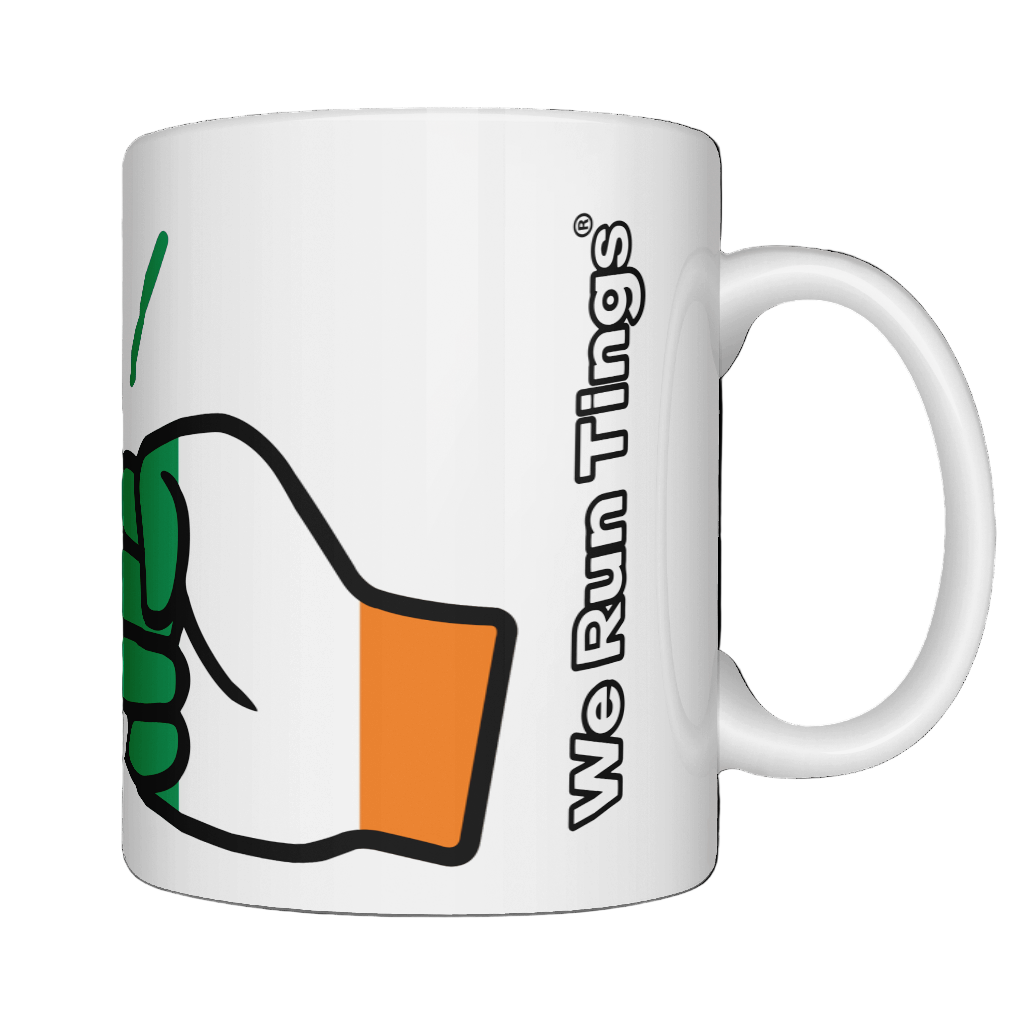 A glossy white ceramic mug with a graphic design of Cote d’Ivoire/Ivory Coast flag and the brand 'We Run Tings'. Side view. On a white background