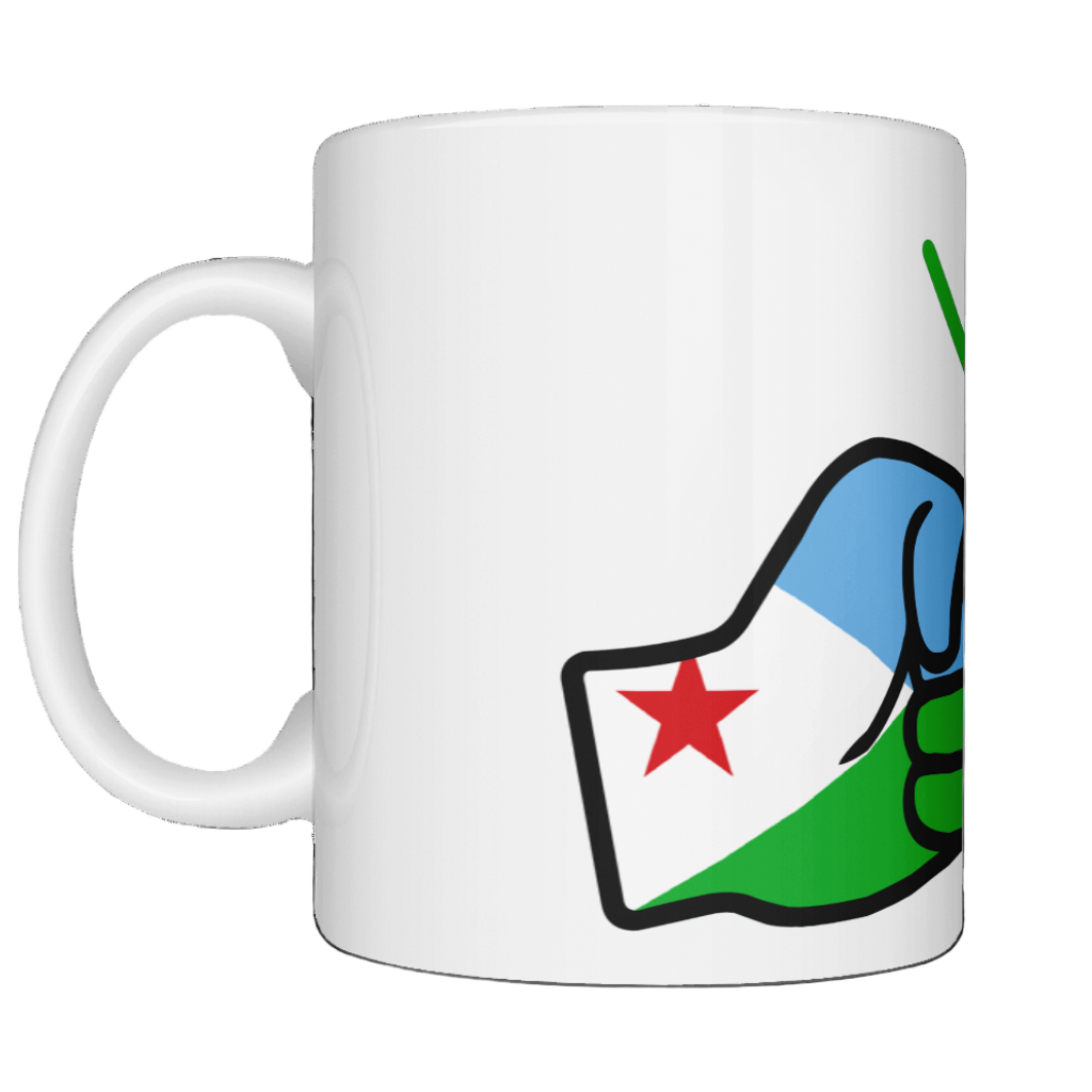 A glossy white ceramic We Run Tings Djibouti Mug with a graphic design of a fist and the colors of the Djibouti flag. Side view