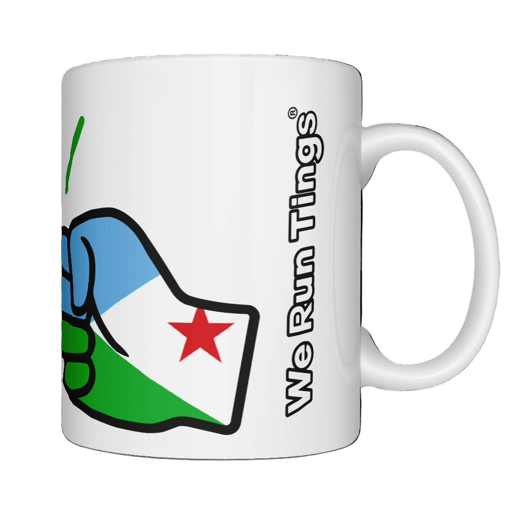 A glossy white ceramic coffee mug with a graphic design of a Djibouti flag and the brand 'We Run Tings'.