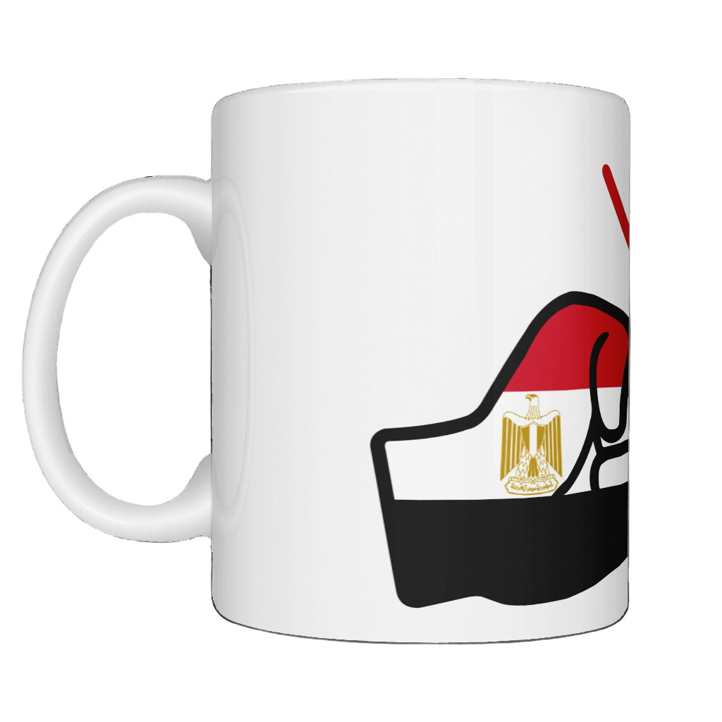 A glossy white ceramic mug with a graphic design of the Egyptian flag and the brand 'We Run Tings'.