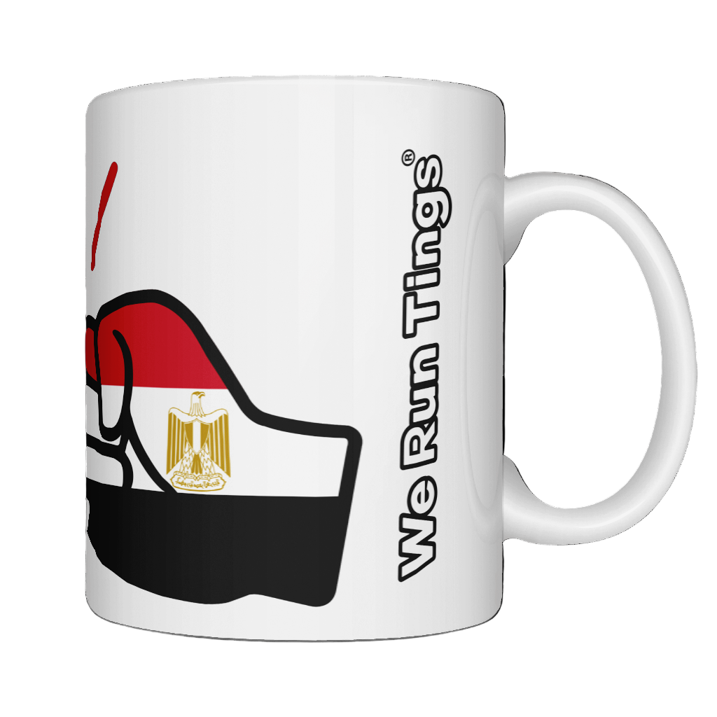 Glossy white ceramic mug featuring a patriotic We Run Tings logo with two fists displaying the flag of Egypt
