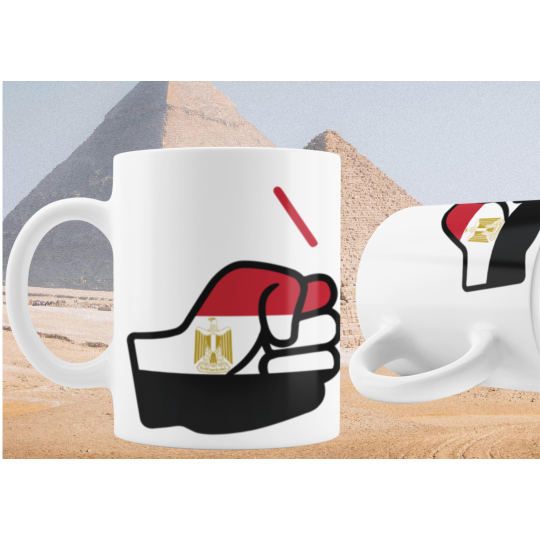 Two mugs with Egyptian flags and We Run Tings logos on a background with pyramids.