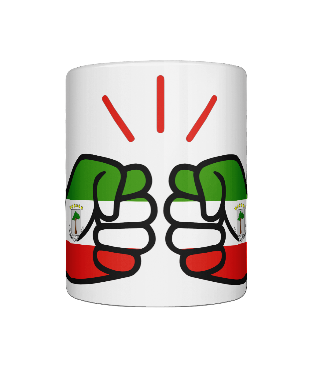 A glossy white ceramic mug with a graphic design of a We Run Tings Equatorial Guinea logo on a white background.
