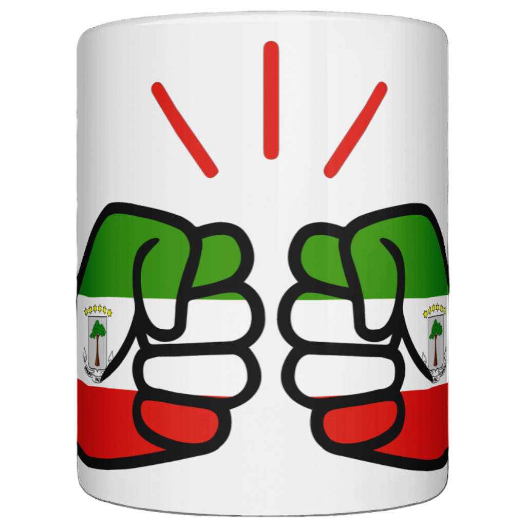 A glossy white ceramic mug with a graphic design of a We Run Tings Equatorial Guinea logo on a white background.