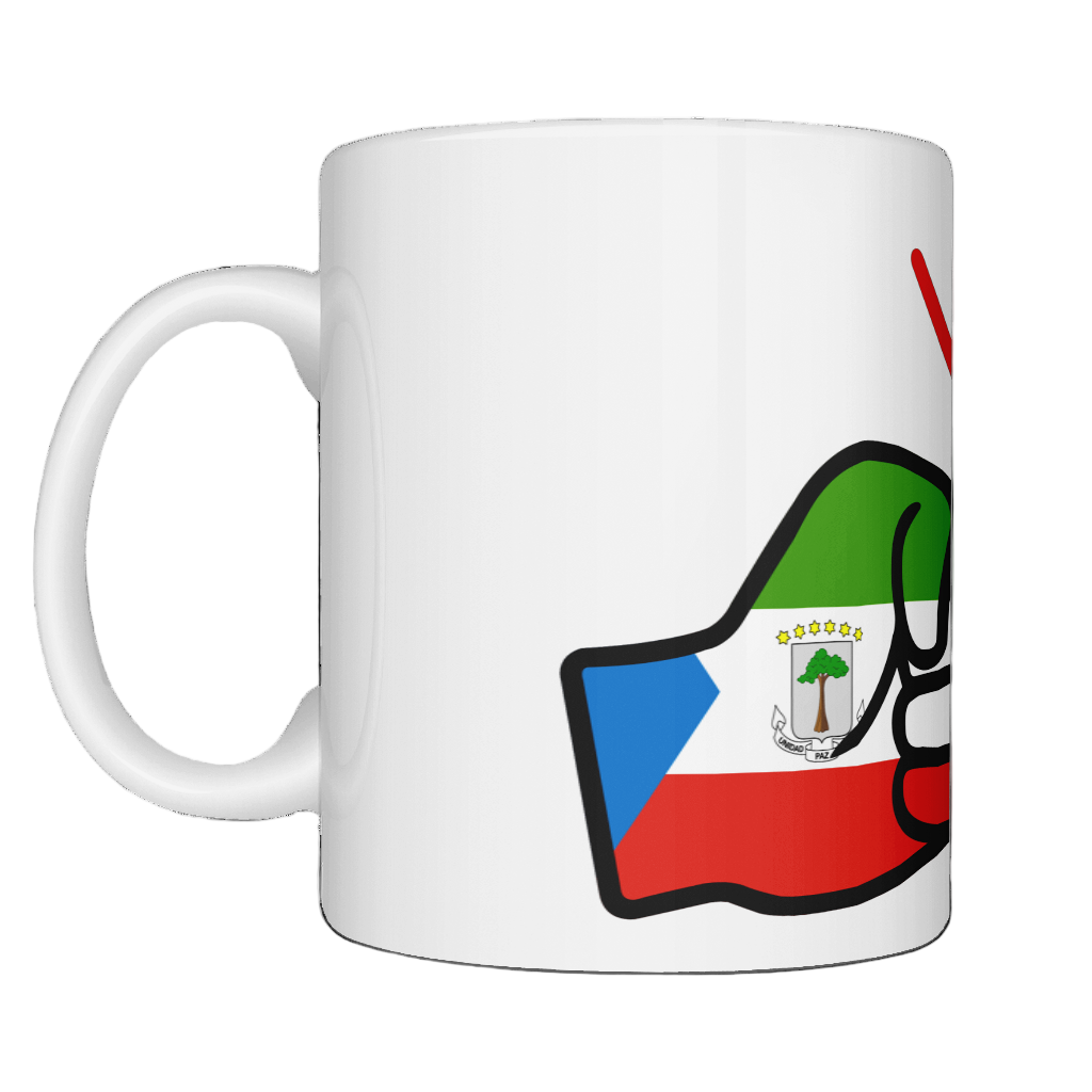 Glossy white ceramic mug featuring a patriotic We Run Tings logo with two fists displaying the flag of Equatorial Guinea on a white background