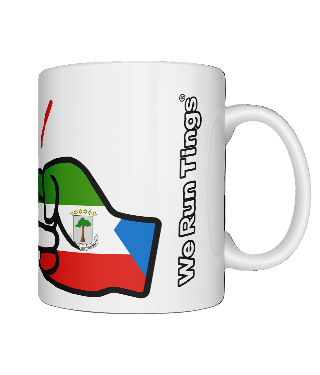 A glossy white ceramic mug with a graphic design of Equatorial Guinea flag and the brand 'We Run Tings'. On a white background