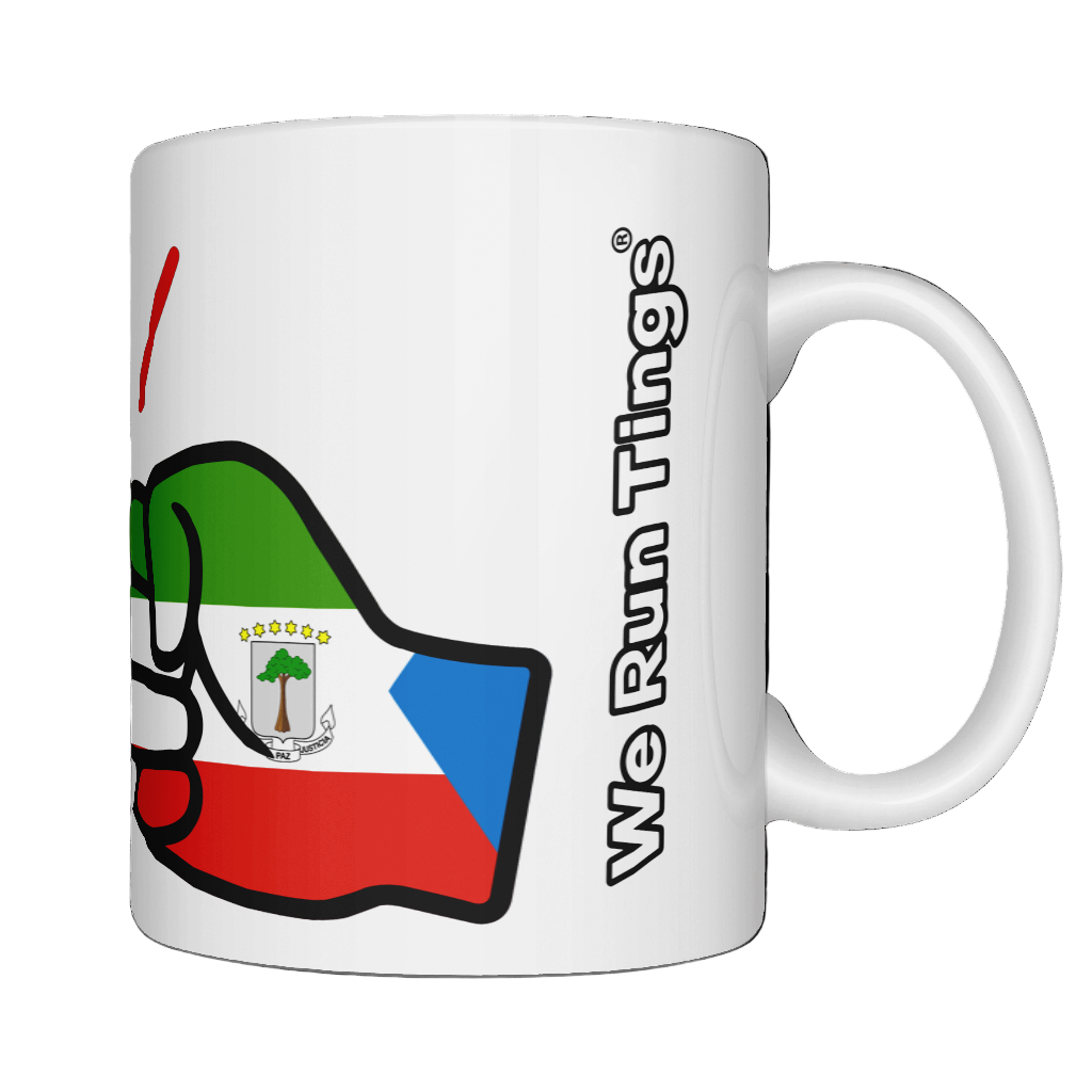 A glossy white ceramic mug with a graphic design of Equatorial Guinea flag and the brand 'We Run Tings'. On a white background