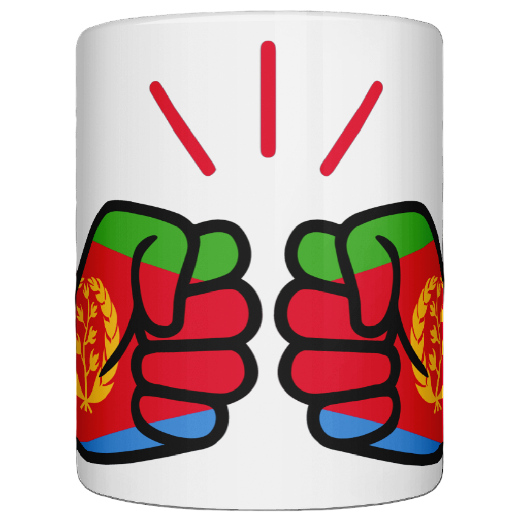 A white glossy We Run Tings Eritrea ceramic mug with a graphic design of two hands in different colors, representing the Eritrean flag on a white background.