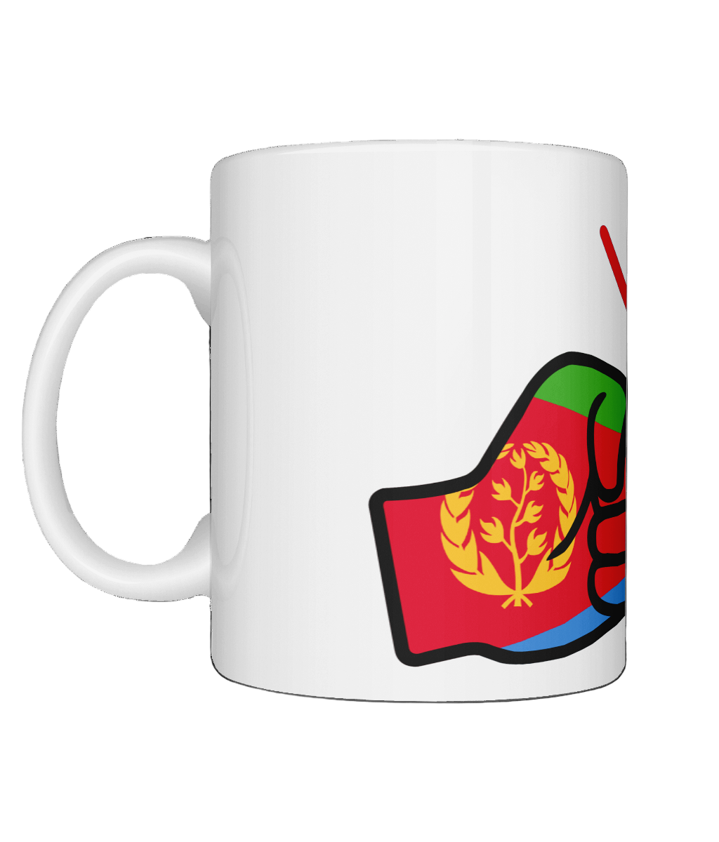 Glossy white ceramic mug featuring a patriotic We Run Tings logo with two fists displaying the flag of Eritrea