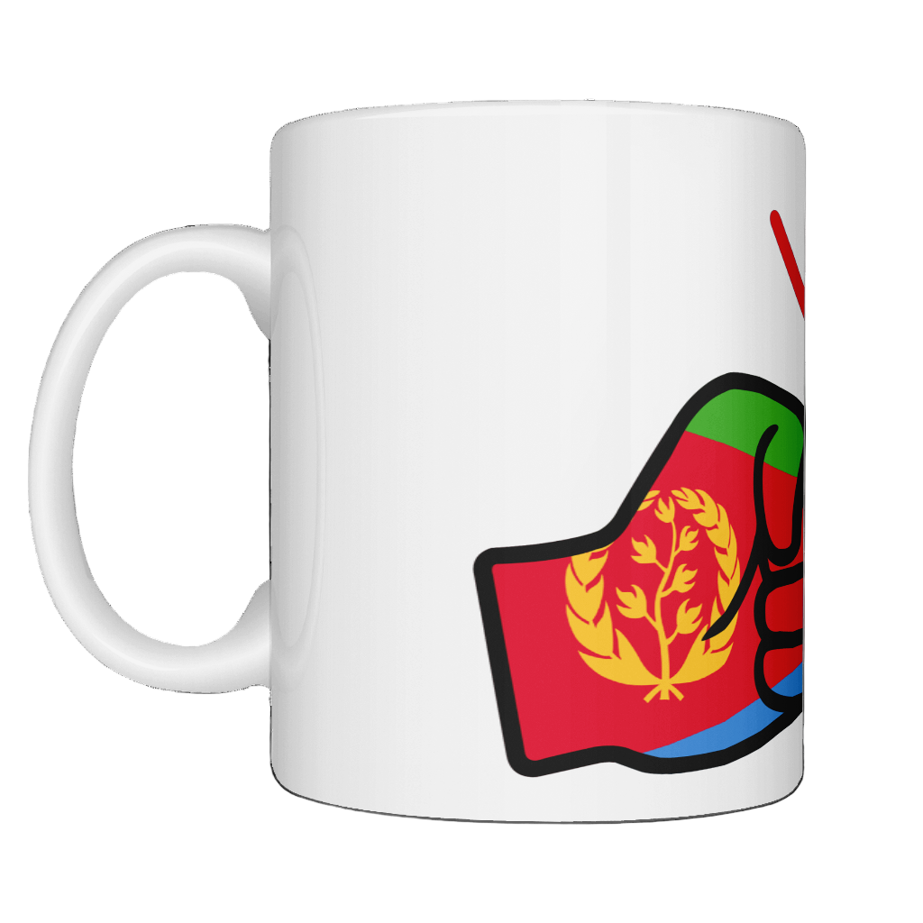 Glossy white ceramic mug featuring a patriotic We Run Tings logo with two fists displaying the flag of Eritrea