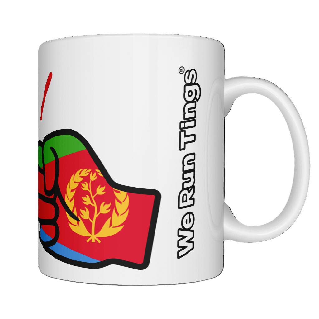 White ceramic We Run Tings, Eritrea mug with a colorful design text on a white background