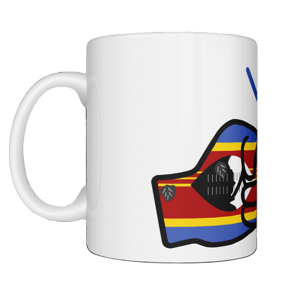 A glossy white ceramic We Run Tings Eswatini mug with a design featuring fists and the text 'We Run Tings'. On a white background. Side view